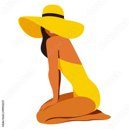 vector illustration on the theme of summer holidays. a tanned girl in a yellow swimsuit sits on her knees on the beach in a hat isolated on a white background. useful for advertising summer holiday.