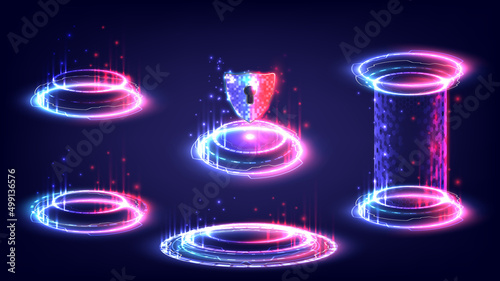 Sci-fi high-technology stage collection in red and blue glowing HUD. Hologram portal swirl light of science futuristic. Magic warp gate in game fantasy. Circle teleport podium.  Capsule hologram