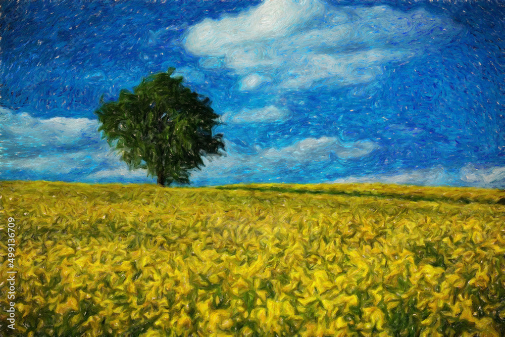 Obraz premium Watercolor and oil painting nature landscape, famous travel and touristic place, outdoor vacation trend print for poster, paper, textile or canvas. Modern fine arts design wallpaper. Wall art drawing