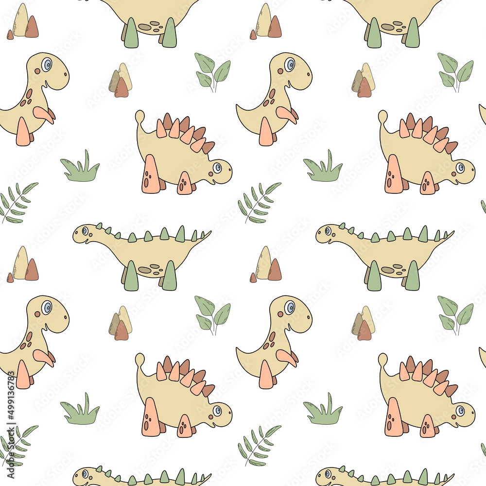 Seamless pattern with cartoon dinosaurs and leaves. Vector illustration with cute children characters. For wallpaper, print, fabric, textile, kids room decor.