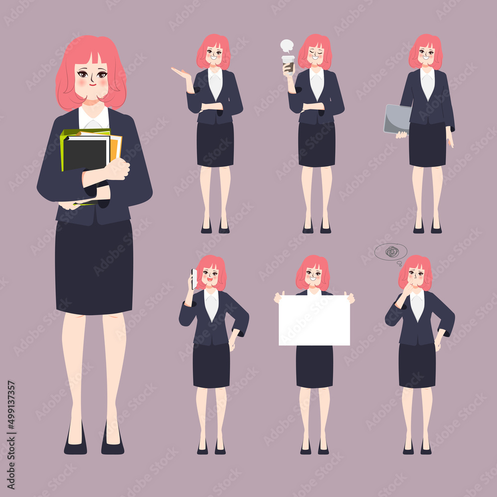 Obraz premium Businesswoman working and difference pose set character. Flat cartoon vector design.