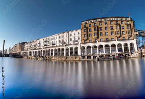 Hamburg Alster Arkaden view with a river in between which make it look like little Venezia photo