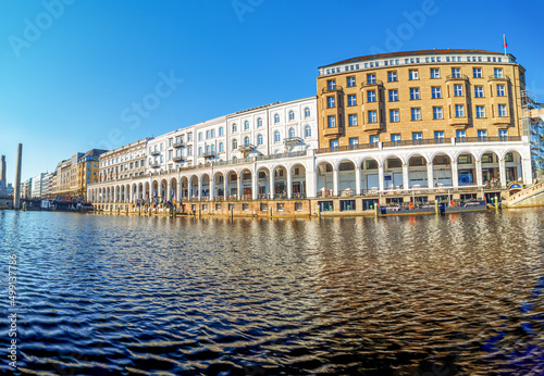 Hamburg Alster Arkaden view with a river in between which make it look like little Venezia photo