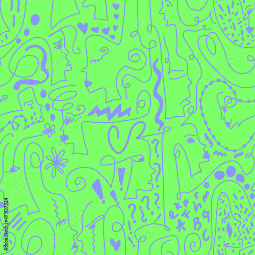 Abstract Doodle One Line Drawing Faces Masks and Geometric Shapes Repeating Vector Pattern with Isolated Background
