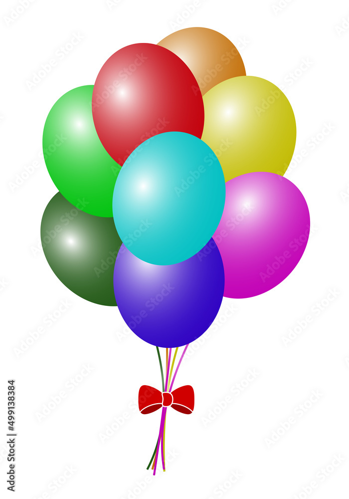 Ramo de globos de colores en rojo, amarillo, azul, verde, fucsia, verde caqui, mostaza, azul agua, azul turquesa con un lazo rojo para cumpleaños y fiestas y sobre fondo blanco Ramo de globos de colores en rojo, amarillo, azul, verde, fucsia, verde caqui, mostaza, azul agua, azul turquesa con un lazo rojo para cumpleaños y fiestas y sobre fondo blanco