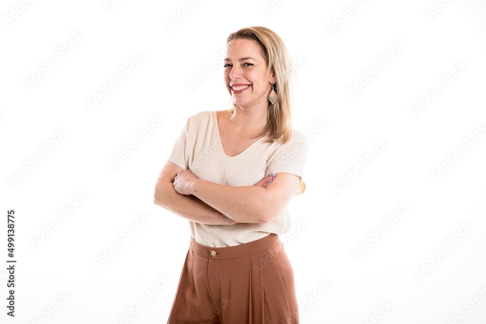 Portrait of happy 40 woman over white background Portrait of happy 40 woman over white background