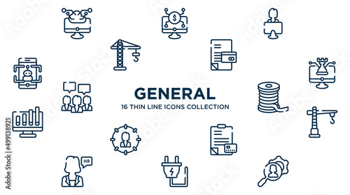 concept of 16 general outline icons such as computing technology, coworking, credit history, digital strategy, filament, construction crane, credit report, electric plug, hr services vector