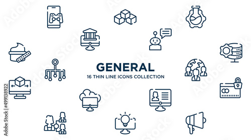 concept of 16 general outline icons such as in-game advertising, bioengineering, chat bot, data engineering, team, credit limit, hr software, business intelligence, agitation vector illustration.