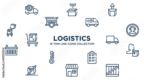 concept of 16 logistics outline icons such as european conformancy, cardboard box with arrow, food logistics, phone assistance, free delivery truck, delivery woman, packing list, retail store,