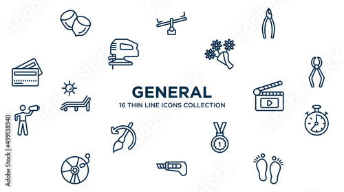 concept of 16 general outline icons such as nuts, nippers, daisy bouquet, nail puller, fragments, analog stopwatch, win, stationery knife, steps vector illustration.