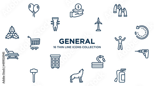 concept of 16 general outline icons such as floating balloons, pair of binoculars, renewable energy label, clockwise, man with open arms, perforator, hose with drops, wolf howling, fire estinguisher