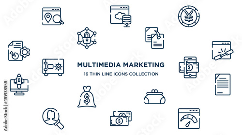 concept of 16 multimedia marketing outline icons such as place optimizer, yen big coin, duplicate content, add link, money on smartphone, content management, women puser, big paper bill, velocity photo