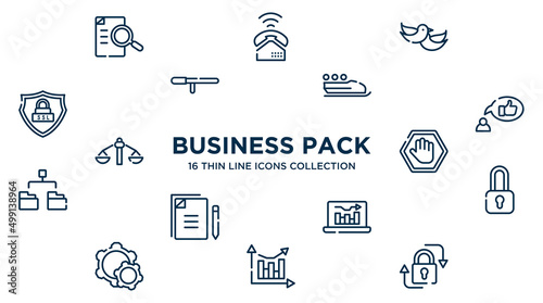 concept of 16 business pack outline icons such as defining, love bird, bobsleigh, recommendation, ad blocker, locked padlock, online graph, analytic chart, lock vector illustration.