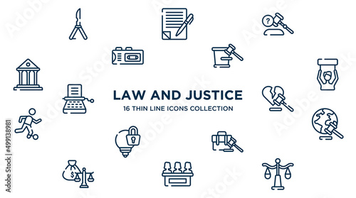 concept of 16 law and justice outline icons such as butterfly knife, ask a lawyer, court trial, civil rights, divorce, diploy, employment, jury, justice scale vector illustration.