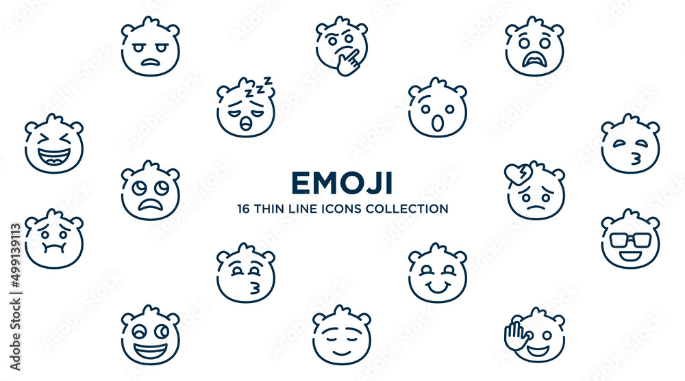 concept of 16 emoji outline icons such as bored emoji, surprise emoji, hushed kissing with closed eyes broken heart cool blushing calm hello vector illustration. concept of 16 emoji outline icons such as bored emoji, surprise emoji, hushed kissing with closed eyes broken heart cool blushing calm hello vector illustration.