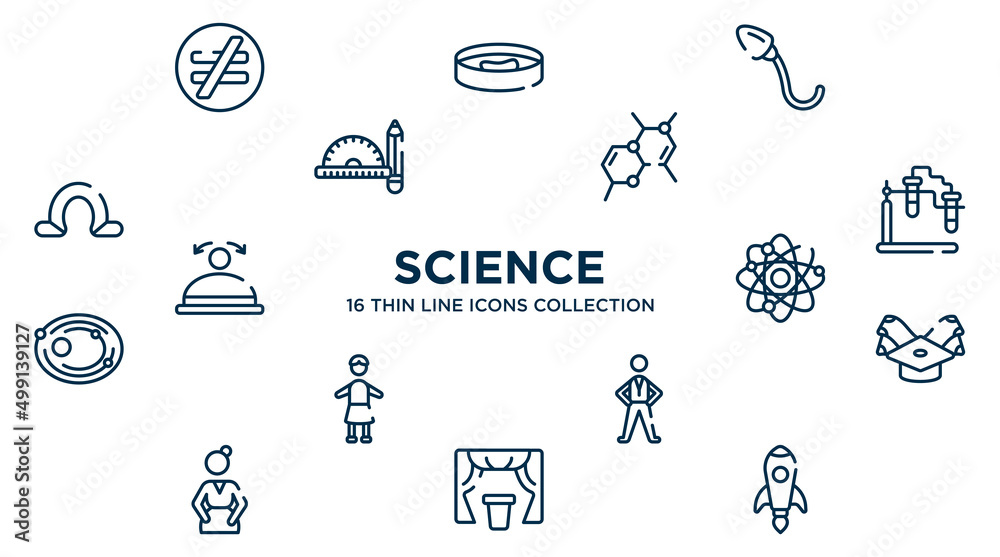 concept of 16 science outline icons such as not equal, spermatozoon, chemical bond, experimentation, neutrons, scholarship, pe teacher, curtain, rocket launch vector illustration.