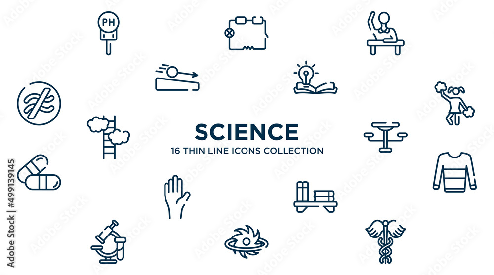 concept of 16 science outline icons such as ph, raising hand, wise, cheerleader, outdoor table, sweatshirt, bookshelf, black hole, caduceus vector illustration. concept of 16 science outline icons such as ph, raising hand, wise, cheerleader, outdoor table, sweatshirt, bookshelf, black hole, caduceus vector illustration.