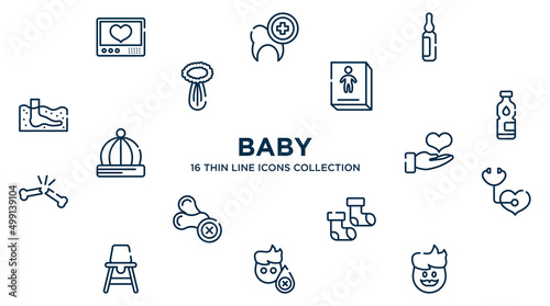 concept of 16 baby outline icons such as heart rate monitor, ampoule, childrens stories, mineral water, donator, medical checkup, baby socks, sleep deprivation, dad vector illustration.