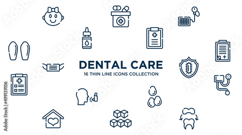 concept of 16 dental care outline icons such as baby girl, tensiometer, medical prescription, admision form, immunity, blood pressure meter, sesame, sugar cube, dental crown vector illustration.