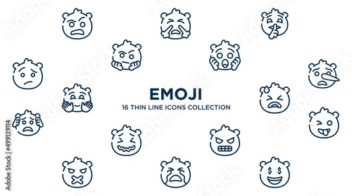 concept of 16 emoji outline icons such as sceptic emoji, quiet emoji, shocked liar desperate crazy nervous crying rich vector illustration.