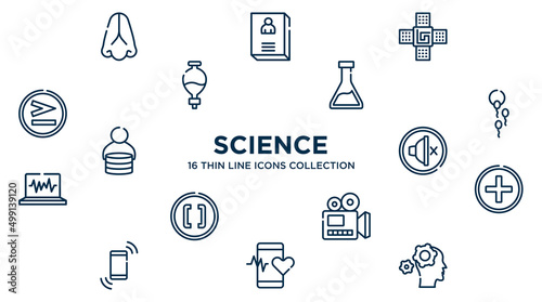 concept of 16 science outline icons such as body part, naensor, erlenmeyer, fertility, silent, hospital, documentary, medical app, mechanics vector illustration.