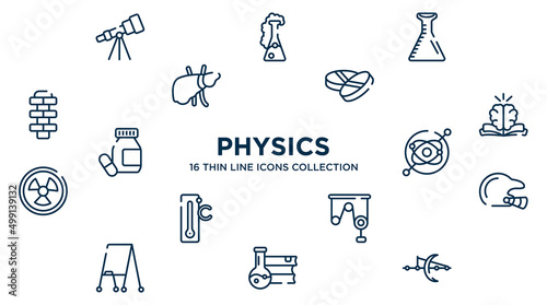 concept of 16 physics outline icons such as astronomy, volumetric flask, drugs, philosophy, gyroscope, baseball helmet, pulley, science book, optics vector illustration.
