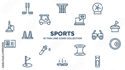 concept of 16 sports outline icons such as golf equipment, plasma ball, elearning, sandbox, testing glasses, ball pool, wormhole, tale, reusable bottle vector illustration.
