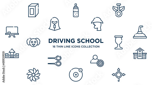 concept of 16 driving school outline icons such as juice box, chlorophyll, sherlock holmes, still, sports and competition, kindergarten, engeneering, electron, roundabout vector illustration.