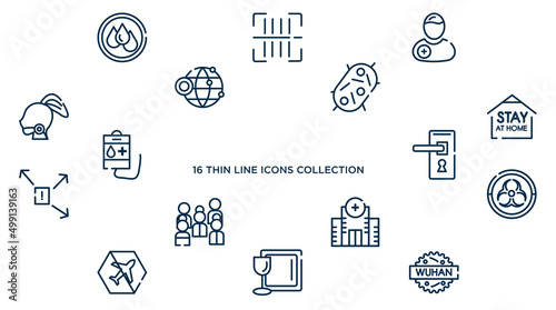 concept of 16 outline icons such as wet, patient, bacteria, stay home, doorknob, outbreak, hospital, tableware, wuhan vector illustration.