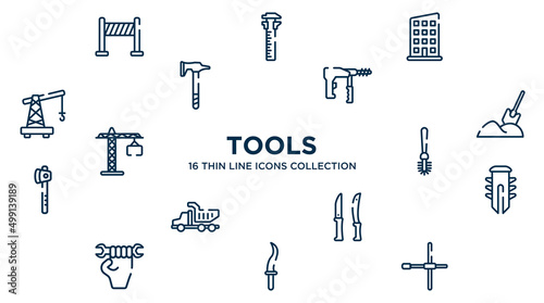concept of 16 tools outline icons such as road panel, rectangles, big driller, digging, toilet brush, dyupel, knives, kirpan, wheelbrace vector illustration.