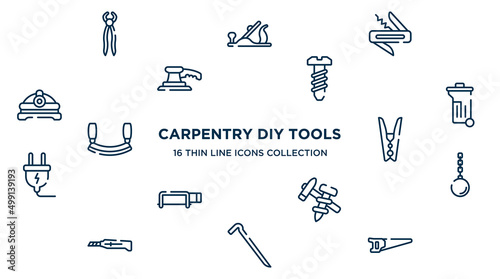 concept of 16 carpentry diy tools outline icons such as nail puller, jackknife, bolts, dumpster, clothespin, wrecking ball, construction tools, crowbar, metal saw vector illustration.