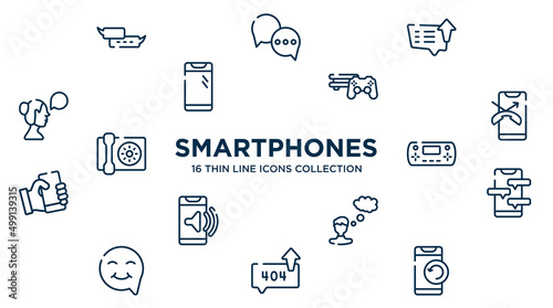 concept of 16 smartphones outline icons such as small speech bubble, message sent, video game console ps4, one missed phone, handheld game console, phone chat, man, error sending message, phone with