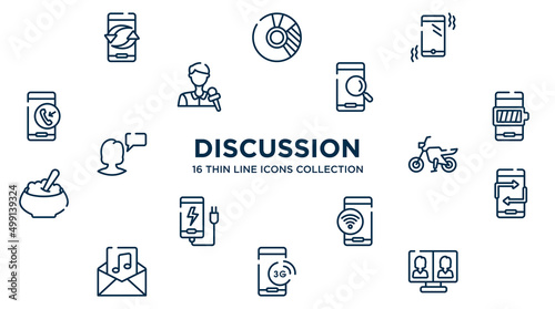 concept of 16 discussion outline icons such as exchanging arrows, mobile phone vibrating, searching by phone, battery with full charge, motorbike, null, , video conference vector
