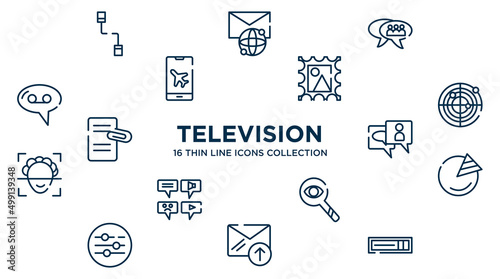concept of 16 television outline icons such as communicator, group chat, post stamp, radar, anniversary, pie graph, observation, outgoing, hdmi vector illustration.