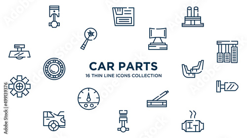 concept of 16 car parts outline icons such as car cylinder, car distributor cap, headrest, accelerator, mud flap, wing mirror, handbrake, piston, catalytic converter vector illustration.