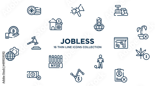 concept of 16 jobless outline icons such as casino chips, cashier hine, entrepreneur, null, evidence, marijuana, prisoner, volatility, uneducated vector illustration.