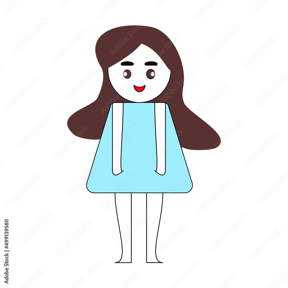 Fototapeta premium woman drawing from geometric shapes blue dress, brown hair, red lips