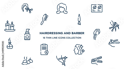 concept of 16 hairdressing and barber outline icons such as female hair cut with scissors, hair color sample, angle brush, haircut, woman with long hair, straighter and curler, treatment, razor to