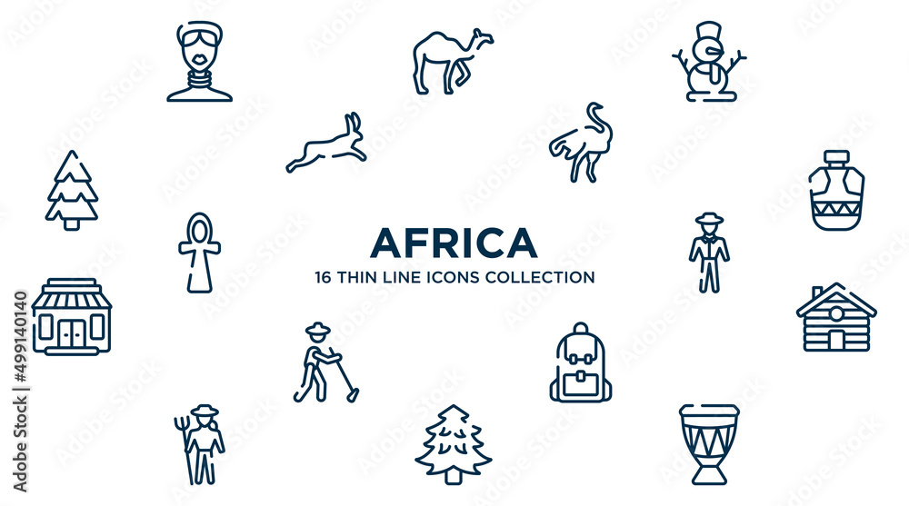 concept of 16 africa outline icons such as african, snowman, ostrich, canteen, trainer, cabin, backpack, pine tree, drum vector illustration. concept of 16 africa outline icons such as african, snowman, ostrich, canteen, trainer, cabin, backpack, pine tree, drum vector illustration.