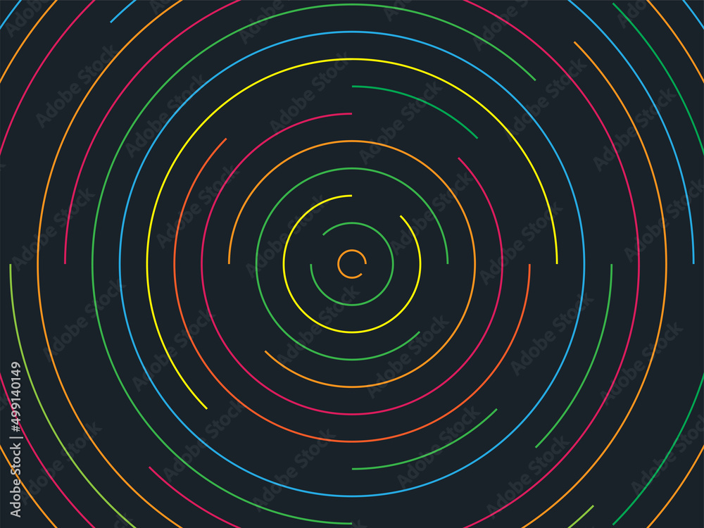 Fototapeta premium Repeating colored dashed circles growing outwards. Vector background.