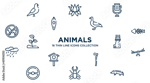 concept of 16 animals outline icons such as pigeon, trash can, goose, fishbone, lighthouse, seesaw, axe, stag beetle, badger vector illustration. photo