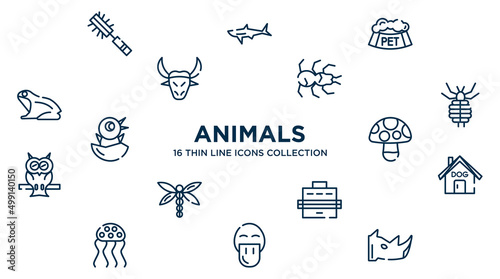 concept of 16 animals outline icons such as pet brush, pet bowl, tarantula, louse, mushroom, dog house, pet carrier, platypus, rhinoceros vector illustration.