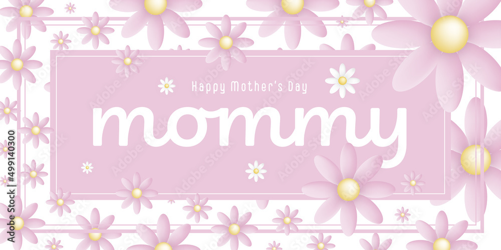 Text : Happy mother’s day Mommy, on an pink rectangular frame with pink blossoms on white background