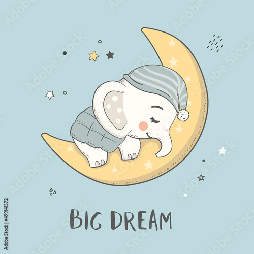 Cute elephant sleep on the moon, baby shower card. hand drawn vector illustration.