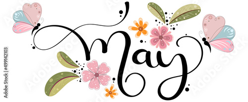 Hello May. MAY month vector with flowers, butterfly and leaves. Decoration floral. Illustration month may calendar

