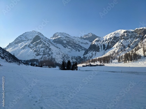 Sertig small mountain village near Davos in Graubunden. Beautiful snowy winter landscape in the Swiss mountains