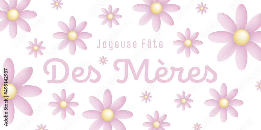 Texte : Joyeuse fête des mères, avec de jolies pâquerettes roses sur un fond blanc