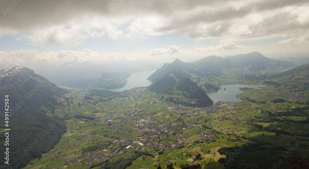 Fototapeta premium Stunning view over the city of Schwyz and the lake Lucern an the Lake Lauerz