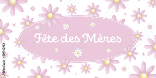 Texte : Fête des Mères, sur un cadre oval rose entouré de jolies fleurs rose et blanches sur un fond blanc