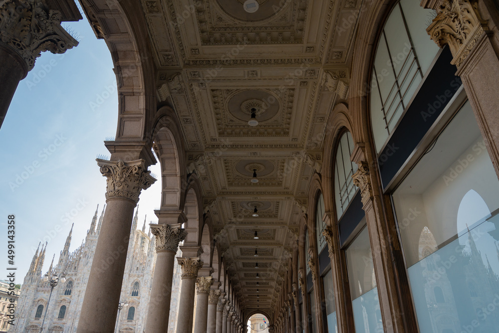 The famous covered arcade of the main square of Milan, Italy, close to the cathedral named 